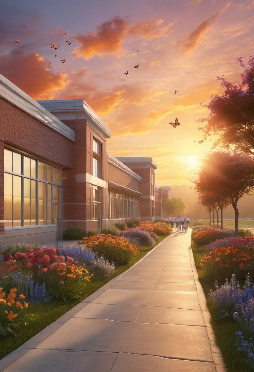A serene landscape depicting a sunrise over a hospital with diverse medical professionals assisting patients. Include elements symbolizing hope like butterflies and blooming flowers, alongside a path leading towards recovery. Soft, warm colors to evoke a sense of comfort and optimism. super-realistic. vibrant colors. 3D.