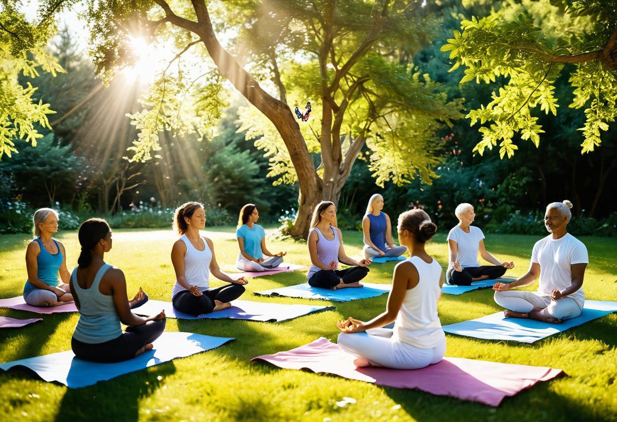 A serene scene depicting a diverse group of people gathered in a sunny garden, engaging in mindfulness activities like yoga and meditation, while animatedly sharing experiences. Incorporate supportive symbols such as butterflies, blooming flowers, and warm sunlight filtering through the trees, representing hope and transformation in a cancer journey. The atmosphere should feel uplifting and communal. vibrant colors. soft focus.