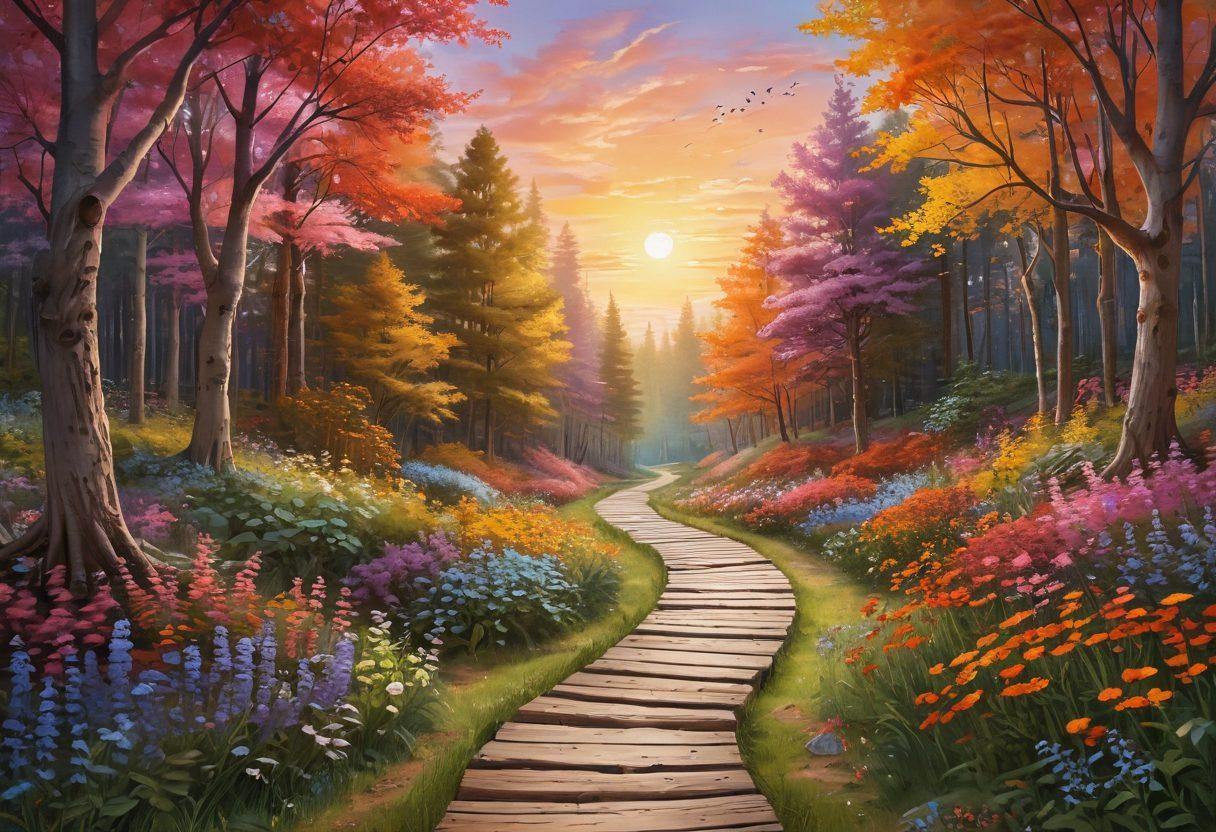 A serene landscape depicting a path winding through a vibrant forest, symbolizing the journey of cancer treatment and survivorship. Along the path, there are various supportive elements like groups of people sharing experiences, meditative spaces, and blooming flowers representing hope and healing. The sky is painted with warm hues of sunrise, giving an uplifting feeling. whimsical art style with a touch of realism. vibrant colors. 3D.